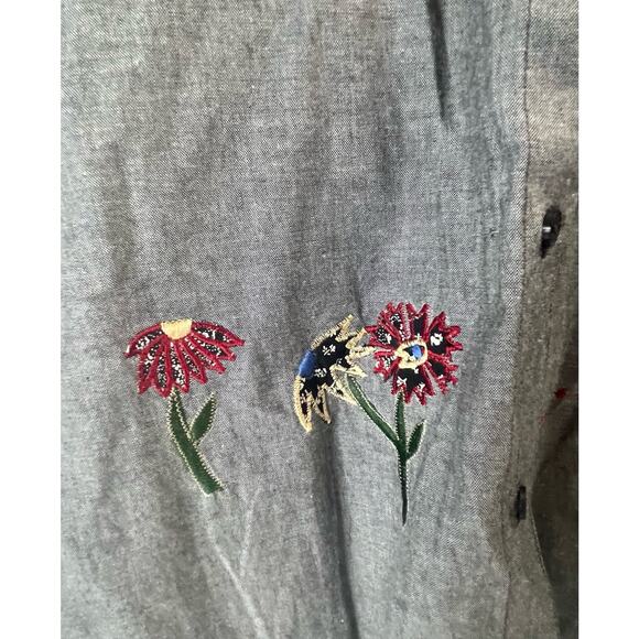 Bobbie Brooks Blouse Shirt Womens Large Short Sleeve Embroidery Gray Floral Vtg - Picture 3 of 8